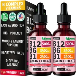 (2 Pack) Vitamine B12 en B6 Liquid Drops, B12 Sublingual Vitamine B Complex - B 12 Vitamine 5000mcg - B12 Methylcobalamine voor energie, hersenen en hart ondersteuning met 27,200 mcg, Aardbei, 80 Servers