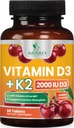 Vitamine D 2000 IE 50 mcg per tablet - Vitaminen D3 & K2 (MK7) Complex Supplement for Bone, Teeth, Muscle, Calcium Absorptie, Supports Immune & Heart Health, Chewable Formula USA Bottled - 60 Tablets
