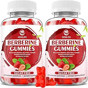 Gommies berbères avec Ceylan Cinnamon 1500mg supplément de haute puissance Berberine HCL pour l'immunité et le métabolisme support, sans sucre, fraise saveur - 120 comte