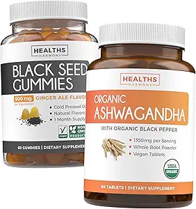 Huile de graines noires Gummies & Ashwagandha (1-Meth Supply) - Vital Calm Fusion Bundle - Huile de graines noires Gummies Ginger Ale Flavor Nigella pressée à froid Sativa & Organic Ashwaganda Natural Adrénal Support