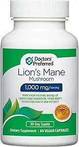 DOCTORS' PREFERRED Lions Mane Mushroom Supplement - 1,000 mg/Serving, 60 Vegan Capsules for Brain Health and Overall Daily Wellness. (30-Day Supply)