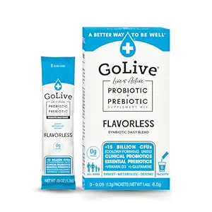 GoLive Prebiotic & Probiotic voor vrouwen, mannen, kinderen. Smaakvrij, Sugar-Free, Synbiotic Powder w/ GOS, L-Glutamine, Vitamine D3, Elektrolyten. Voor Gut Health, Digestie, Metabolisme, Immuniteit 15-50B CFUs.