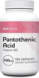 NUI NUTRA Acide pantothénique (Vitamine B5) Supplément 500mg, 150 Capsules - Supporte l'énergie, le focus, le système digestif, et la peau saine