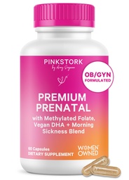 Roze Ooievaars Premium Prenatale Vitamine voor Vrouwen - Biologische Ingrediënten, Multivitamine & Probiotica - Ochtendziekte, spijsvertering, & energie - Folaat, B6, & Iron - 60 Capsules