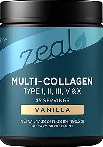 Poudre de protéines multicollagènes premium (1, 2, 3, 5 et 10) avec vitamine C, biotine, acide hyaluronique, pour peau et ongles capillaires - Marine, Bovin, Poulet et coquille d'oeuf (Vanilla, 45 portions)