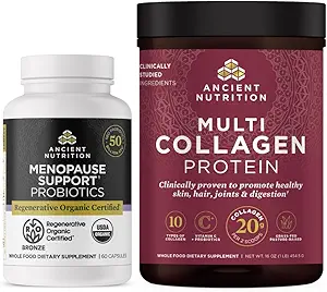 Ancient Nutrition Regenerative Organic Certified Probiotics for Menopauze, 60 Count + Multi Collageen Proteine Powder Unflavored, 45 Servers