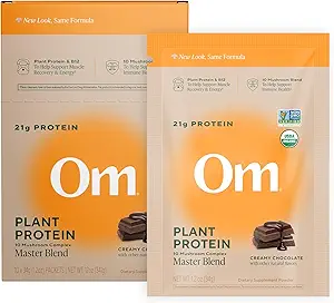 Om Master Blend Vegan Proteïne Poeder, Chocolade, 21g Plant Proteïne - Biologische Paddestoel Supplement met 10 Paddestoel Complex, Ashwagandha, BCAA's en Vitamine B12 - Single Serve (10 Tel.)