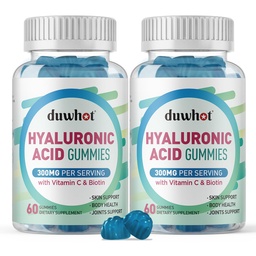 Hyaluronzuur Gummies, Hyaluronzuur Supplementen met vitamine C & Biotin 5000mcg voor huid, haar, nagels gezondheid, gewrichten supplementen voor vrouwen & mannen, lage suiker, Vegan, niet-GMO, 60 Counts