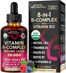 USDA Biologische Vitamine B-complex B5 Pantotheenzuur B12 Methylcobalamine B1 Thiamine B6 Pyridoxine B7 Biotine B9 Folic B3 Niacinamide - B Complex Liquid Drops, Made in USA Supplement, 2fl oz
