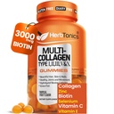 Herbtonics Multi Collageen Gummies with Biotin & Vitamin C, Hydrolyzed Collageen Peptides Types I, II, III, V, X for Hair, Skin, Nails, & Bone Support - Tropical Flavor, 60 Gummies