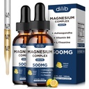 (2 Pack) Magnesium Glycinate, Citrate, Malate Liquid Drops-Triple Magnesium Complex Supplement 500mg met Ashwagandha, L-Theanine, Vitamine B6-Ondersteuning Kalm, Stress Relief, Slaap, Spier-Citroen smaak