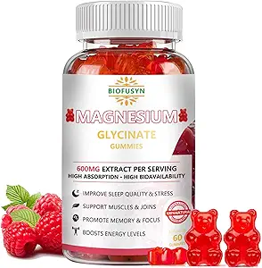 Glycinat de magnésium 600mg : Ours gommy sans sucre avec Magnésium, Vitamine D, B6 et CoQ10 pour un soutien et un sommeil apaisants pour les adultes et les enfants,L-Thréonate Multivitamine,Raspberry Flavor 60Count