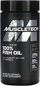 Omega 3 Capsules d'huile de poisson MuscleTech 100 % Omega Fish Oil Supplément d'huile de poisson sans Burpless Omega 3 Supplément d'acide gras Huile de poisson 1000mg Pills, 100 Compte