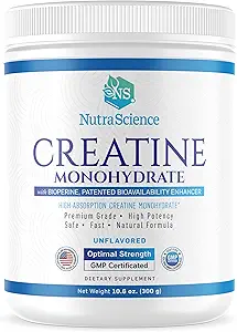 NutraScience Creatine Monohydraat Poeder met BioPerine, Ondersteunt Lean Spiergroei en Herstel, 60 Servingen, 5000mg Per Serving, Unflavored, GMP sertified, Vegan Friendly, Niet GGO