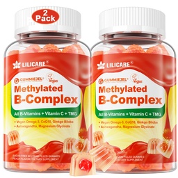 Vrouwen & mannen Super Vitamine B Complex Gevulde Gummies, Gemethyleerde w/Omega 3, Magnesium,CoQ10, Ashwagandha, Vitamin C, TMG, Suikervrij - 60 Tellen (pakket van 2)