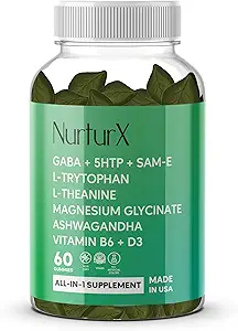 GABA + 5-HTP + SAM-e, L-Tryptofaan, L-Theanine, Ashwagandha Gummies, All-in-One Natural Supplement, Made in USA, Vegan, 60 Gummies