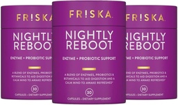 FRISKA Nightly Reboot Enzyme and Probiotics Supplement, bevordert betere spijsvertering en slaap, ondersteunt Gut Health voor mannen en vrouwen, Melatonine, kamille, 90 capsules