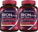 Recettes du médecin Supplément de fer 65 mg avec vitamine C - Absorption maximale et pilules de fer amies de l'estomac pour la formation de globules rouges, le coeur, le cerveau et l'immunité Santé - Vegan 120 Tabs (paquet de 2)