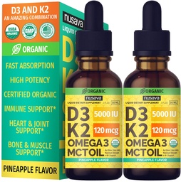 (2 verpakkingen) Biologische vitamine D3 K2 druppels met MCT olie Omega 3, maximale sterkte vitamine D vloeibaar 5000 IE, geen fillers, niet-GMO vloeibare D3 voor snellere absorptie en Immune ondersteuning (Pineapple, 2 Fl Oz)