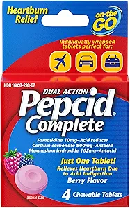 Réducteur d'acide complet Pepcid + antiacide pour le reflux acide, 10 mg de famotidine, 800 mg de carbonate de calcium et 165 mg d'hydroxyde de magnésium par antacide, sachets individuels, aromatisé aux baies, 4 ct