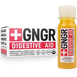 +GNGR Digestieve hulp Biologische Gember Shots met Probiotica, Gut Health, Colon Cleanse, Bloating Relief, Gut Detox, Immunity Shots met Ginger Juice, Turmeric, Black Pepper. (2 Oz, Pack van 12)