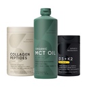 Sportonderzoek Collageen Peptides Gehydrolyseerd type 1 & 3 Collageen Poeder Proteïne Supplement, Keto MCT Olie van biologische kokosnoten - Triple Ingredient C8, C10, C12 MCTs en vitamine D3 K2 met kokosolie