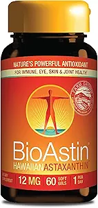 Nutrex Hawaii BioAstin Hawaiian Astaxanthin - 12mg, 60 Softgels - Farm-Direct Supplément antioxydant Premium pour soutenir la santé des yeux, de la peau, des articulations et du système immunitaire - Non-OGM et sans gluten