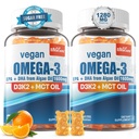 Vegan Omega 3 Gummies 1280mg + Vitamine D3 K2 (MK7), Omega 3 Visolie Alternatief voor volwassenen, w/Algen EPA 600mg & DHA 400mg, MCT Oil - No Fish Taste - for Brain, Eye, Immune Health, Sugar Free, 2 Pack