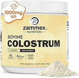 Zammex Bovine Colostrum Powder 4000MG for Immune Support, Gut Health, Hair Growth, Grass Fed Organic Colostrum Supplement for Humans Superfood Easy to Mix, 4g Proteïne, Unflavored, 30 Servers