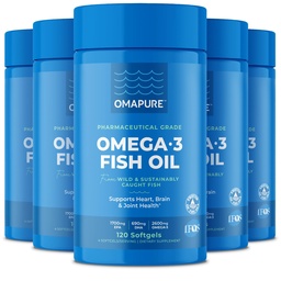 Visoliesupplementen met Omega 3 vetzuren (5 flessen, 120 softgels) - Hoge EPA, DHA, & IFOS Visolie Pillen ondersteunen Hart & Joint Health - Burpless Fish Oil bevordert hersenfunctie