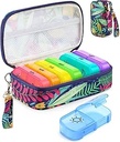 Weekly Pill Organizer 7 Day 2 Times a Day with Maple-Leaf Printed Bag, AMOOS AM PM Pill Holder with Lightproof Canvas Bag, BPA-Free Large Pill Box Case for Vitamin, Supplement, Medication, Fish Oil