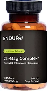 Endur Cal-Mag Complex, Bone & Heart Ondersteuning voor actieve levensstijlen, Calcium en Magnesium met vitamine D3, Glutenvrij, 300 tabletten