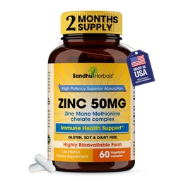 Sandhu Kruiden Zink 50 mg Supplement voor mannen & vrouwen . Hoge absorptie Zink Monomethionine Complex 60 Capsules . Supplementen voor Immune, Acne & Antioxidant Ondersteuning . Vegetarische