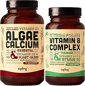 Algen Calcium & Vegan Vitamin B Complex B Bundel - Calciumsupplement van rode algen, essentiële B-vitaminen met hele voedsel Blend, B1, B2, B3, B5, B6, B7, Folaat