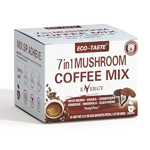Mélange de café de champignons 7 en 1, TCM Conçu pour l'énergie avec Reishi, Cordyceps, Chaga, Rhodiola, Ginseng et Eleuthero Extraits de champignons – 12 sachets