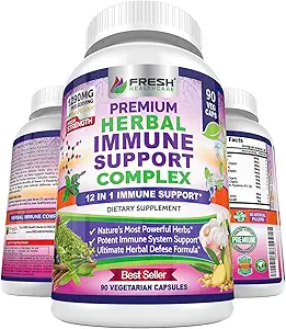 Supplément à base de plantes de soutien immunitaire - Booster quotidien de défense immunitaire 12 en 1 - Ail, Ginger, Elderberry, Basilic Saint, Extrait de thé vert, Thistle de lait, Champignon et Panax Ginseng - 90 Capsules Vegan