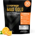 Coromega MAX Gold 3000mg Omega-3 Visolie + Vitamine D Squeeze Packets, Wild-Caught, No Fishy Smaak - 3X Beter Absorptie dan Softgels, Ondersteunt Hersenen & Hart Gezondheid (30 Serven, Oranje smaak)