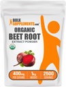 BulkSupplements.com Poudre d'extrait de racine de betterave biologique - Poudre de racine de betterave, supplément d'oxyde nitrique - Vegan & sans gluten, 400mg par portion, 1kg (2,2 lbs) (paquet de 1)