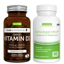 Vitamine quotidienne D3 + Ashwagandha+ L-Theanine & Magnésium Végétarien Bundle, 365 2000iu Vitamine D3 Comprimés + 600mg KSM-66 Ashwagandha avec des vitamines Zinc & B, par Igennus