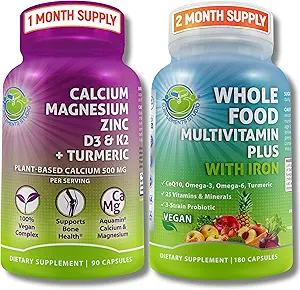 Vegan Whole Food Multivitamine met ijzer + plantaardige calcium, magnesium, zink, D3, K2 & Organic Turmeric 