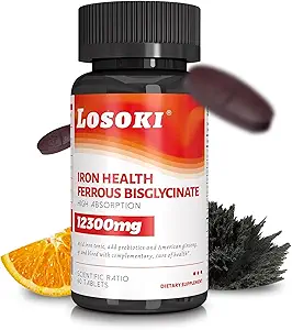 Losoki Iron Bisglycinate 20 mg with Vitamin C, B12 American Ginseng & Probiotics, Gentle on The Mtomach, Supports Energy & Iron Deficency - Non GMO, 60 Tablets
