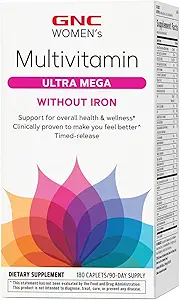 GNC Vrouwen Multivitamine Ultra Mega zonder Iron, Dagelijks Vitamine Supplement, Ondersteunt Immune, Hersenen, Haar, Huid & Nails, 180 Capletten