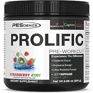 PEScience Prolific Pre Workout Powder, Aardbei Kiwi, 40 scoop, energiesupplement met stikstofoxide