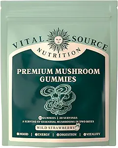 Nutrition des sources vitales - Gommies de champignons premium - Vitalité, digestion et soutien énergétique - 10 types de champignons premium - végétalien, sans gluten et halal - fraise sauvage - 60 gommies - 30 portions