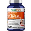 NusaPure Vitamine K2 (MK7) (200mcg) + Vitamine D3 (10000 IE) 180 Veg Caps - Bioperine, Soyfree, Non-GMO