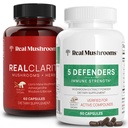 Real Mushrooms RealClarity (60ct) et 5 Defenders (90ct) Capsules Bundle - Supplément de champignons pour la clarté mentale, la concentration et la force immunitaire - Vegan, non-OGM, niveaux vérifiés de bêta-glucanes