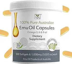 Capsules d'huile d'émeu - Supplément pour le cœur, les cheveux, le métabolisme et le soutien des articulations - Huile d'émeu de qualité pharmaceutique avec CLA, Omégas 3, 6 et 9 avec vitamine K2, A & E par Y-Not Natural - 1000mg, 500 Capsules