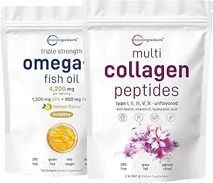 Micro Ingrediënten Multi Collageen Proteïne Poeder 2 Ponden & Omega-3 Visolie 4.200 mg Softgels Bundle 2 Pack 