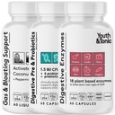 Jeugd & Tonic Digestie Maagondersteuning & Detox voor Regularity, Gas & Bloating & Gut Health. Alle soorten verteringsenzymen Probiotica & Prebiotica Charcoal Pepermunt & Organic Coconut Oil 180 Pillen