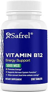 Safrel Vitamine B12 5000 mcg par comprimé, 200 jours d'approvisionnement, supplément pour l'énergie, le métabolisme et le système nerveux soutien de la santé, végétalien, sans gluten et sans colorant